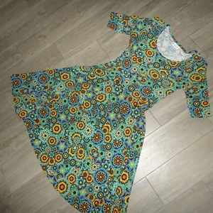 LuLaRoe NICOLE BLUE ORANGE KALEIDOSCOPE DRESS SZ S